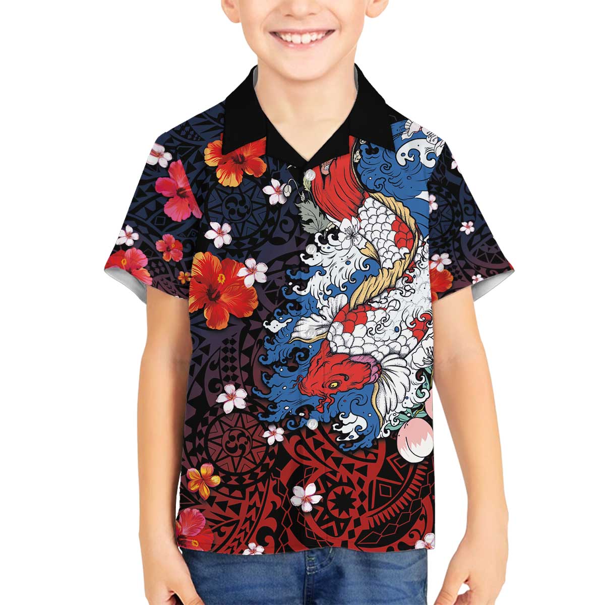 Hawaiian and Japanese Together Family Matching Puletasi and Hawaiian Shirt Hibiscus and Koi Fish Polynesian Pattern Colorful Style
