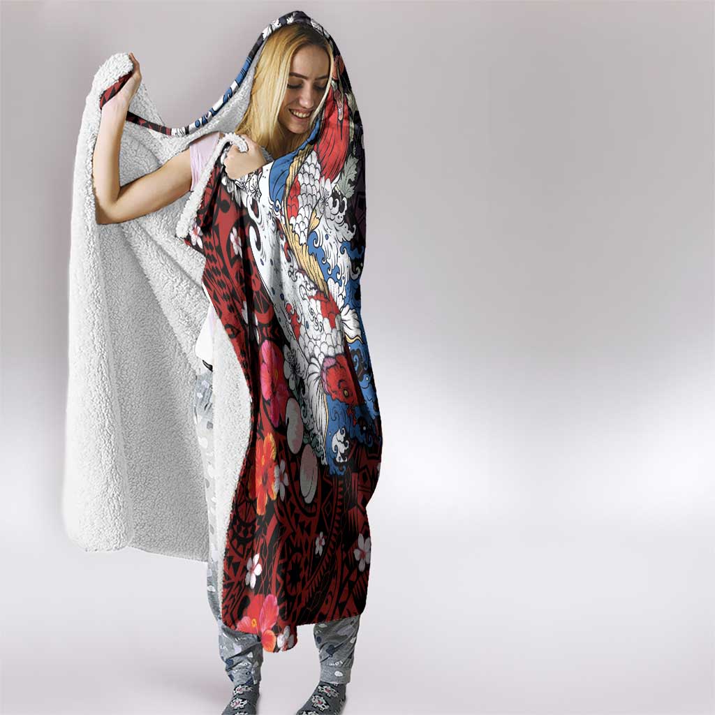 Hawaiian and Japanese Together Hooded Blanket Hibiscus and Koi Fish Polynesian Pattern Colorful Style