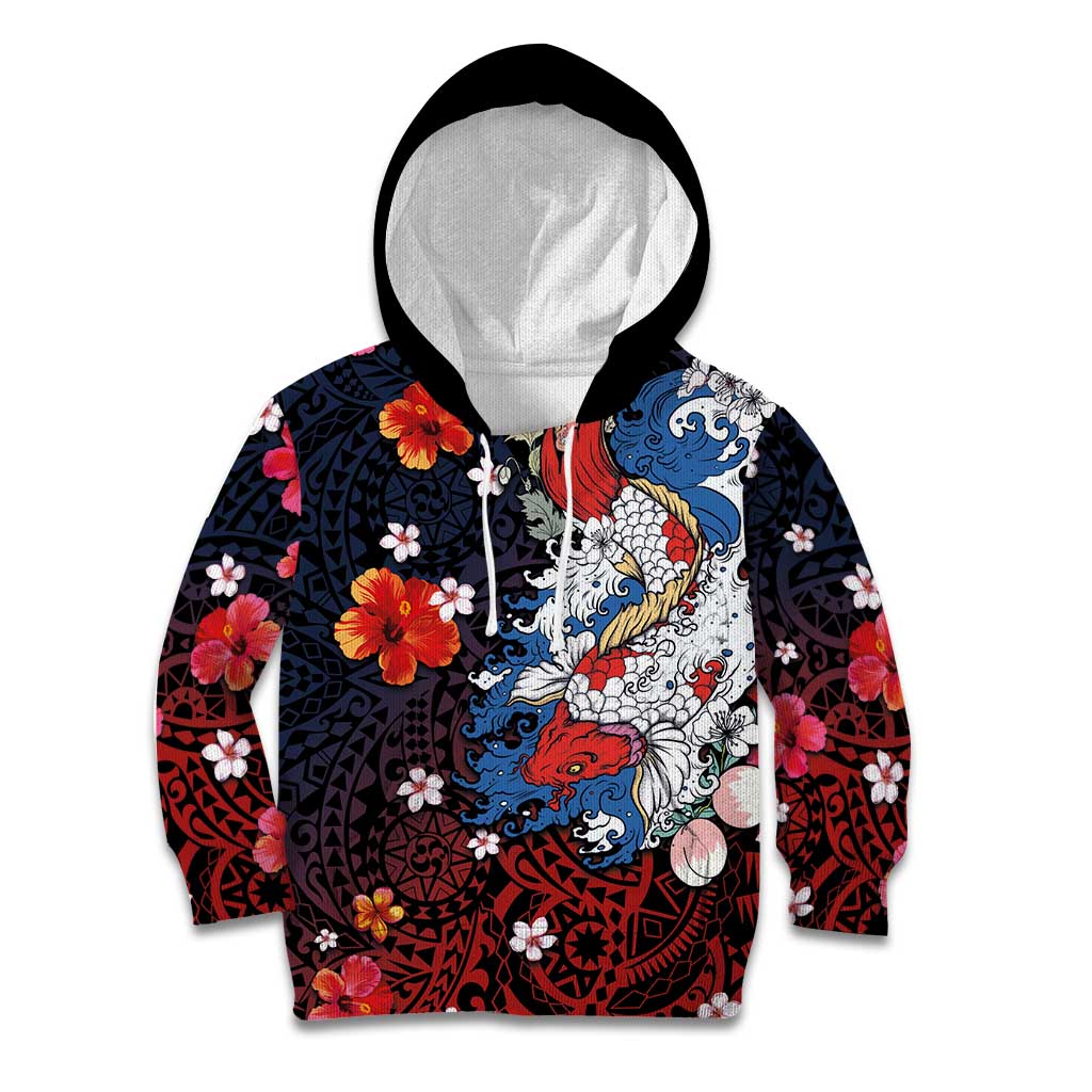 Hawaiian and Japanese Together Kid Hoodie Hibiscus and Koi Fish Polynesian Pattern Colorful Style