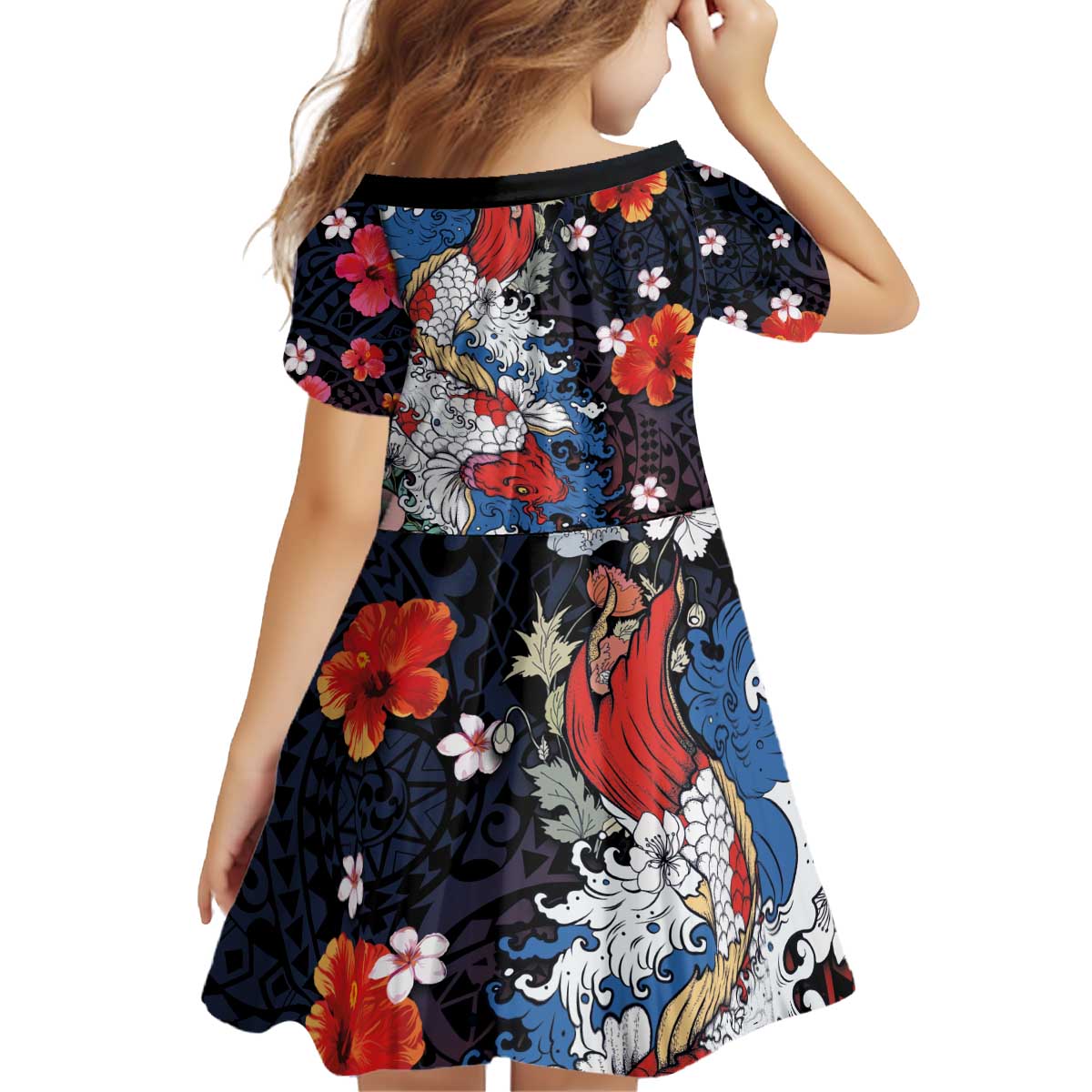 Hawaiian and Japanese Together Kid Short Sleeve Dress Hibiscus and Koi Fish Polynesian Pattern Colorful Style LT03 - Polynesian Pride