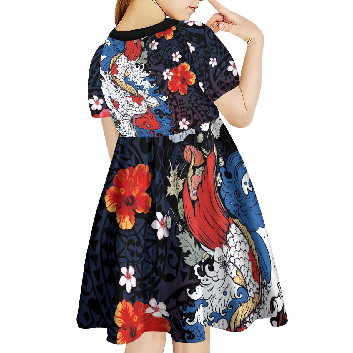Hawaiian and Japanese Together Kid Short Sleeve Dress Hibiscus and Koi Fish Polynesian Pattern Colorful Style LT03 - Polynesian Pride