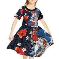 Hawaiian and Japanese Together Kid Short Sleeve Dress Hibiscus and Koi Fish Polynesian Pattern Colorful Style LT03 - Polynesian Pride