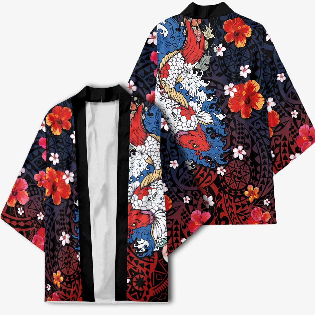 Hawaiian and Japanese Together Kimono Hibiscus and Koi Fish Polynesian Pattern Colorful Style - Polynesian Pride