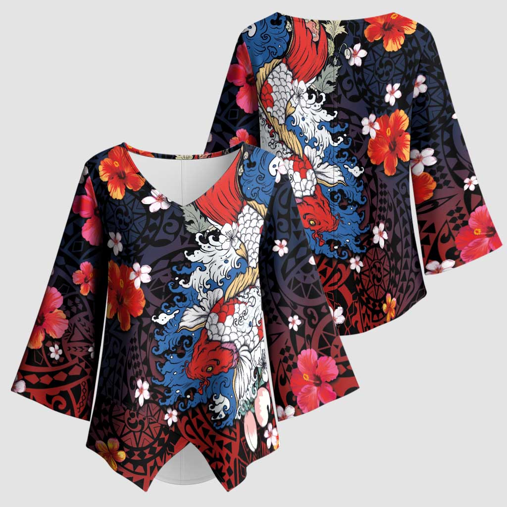 Hawaiian and Japanese Together Kimono Sleeve Blouse Hibiscus and Koi Fish Polynesian Pattern Colorful Style - Polynesian Pride