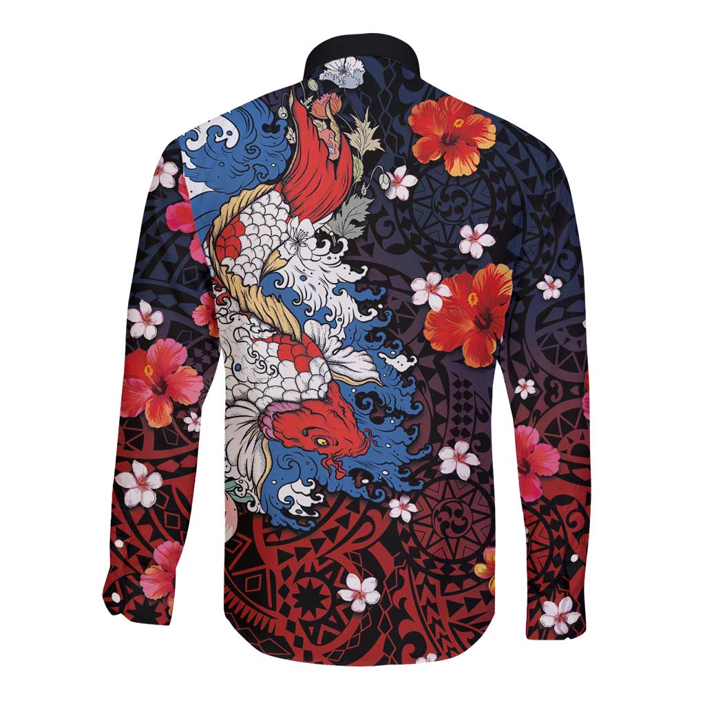 Hawaiian and Japanese Together Long Sleeve Button Shirt Hibiscus and Koi Fish Polynesian Pattern Colorful Style