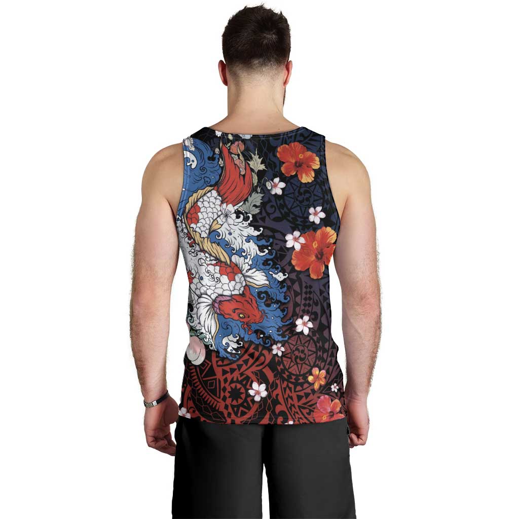 Hawaiian and Japanese Together Men Tank Top Hibiscus and Koi Fish Polynesian Pattern Colorful Style