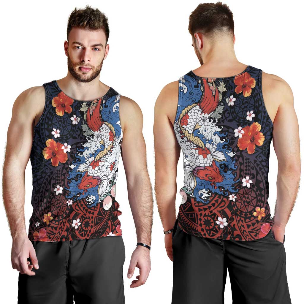 Hawaiian and Japanese Together Men Tank Top Hibiscus and Koi Fish Polynesian Pattern Colorful Style