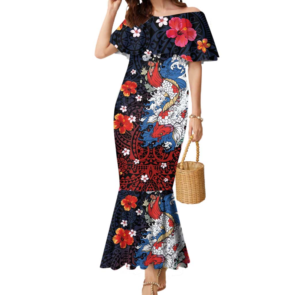 Hawaiian and Japanese Together Mermaid Dress Hibiscus and Koi Fish Polynesian Pattern Colorful Style