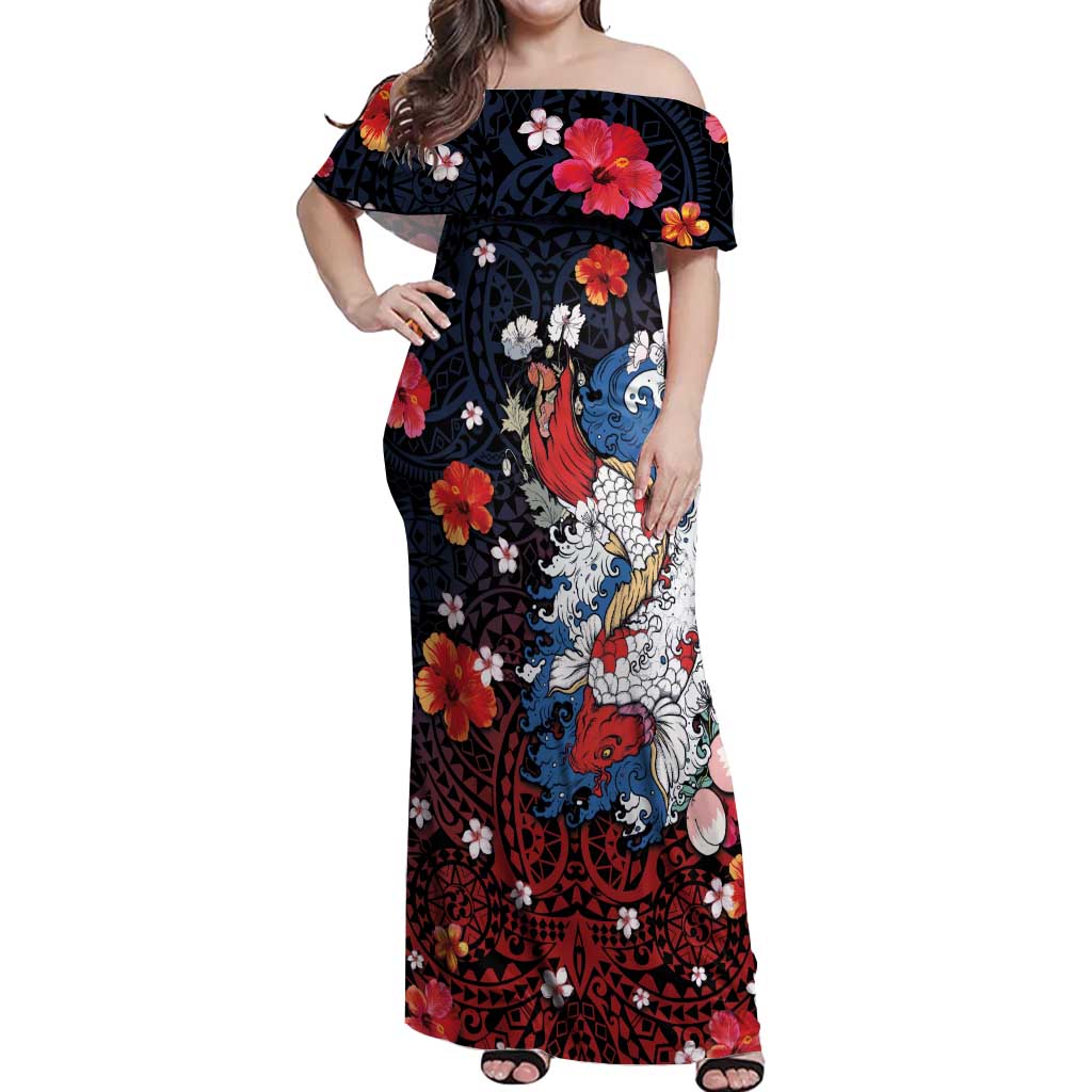 Hawaiian and Japanese Together Off Shoulder Maxi Dress Hibiscus and Koi Fish Polynesian Pattern Colorful Style LT03 Women Red - Polynesian Pride