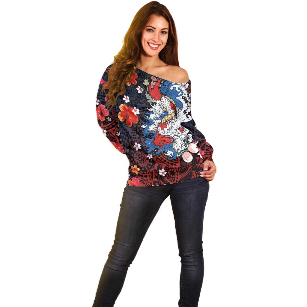 Hawaiian and Japanese Together Off Shoulder Sweater Hibiscus and Koi Fish Polynesian Pattern Colorful Style