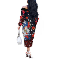 Hawaiian and Japanese Together Off The Shoulder Long Sleeve Dress Hibiscus and Koi Fish Polynesian Pattern Colorful Style
