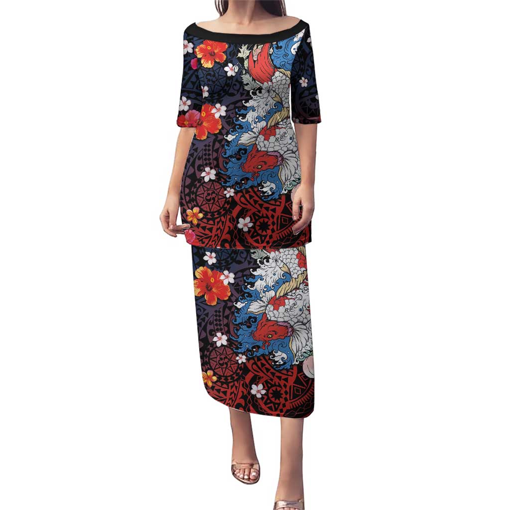 Hawaiian and Japanese Together Puletasi Hibiscus and Koi Fish Polynesian Pattern Colorful Style