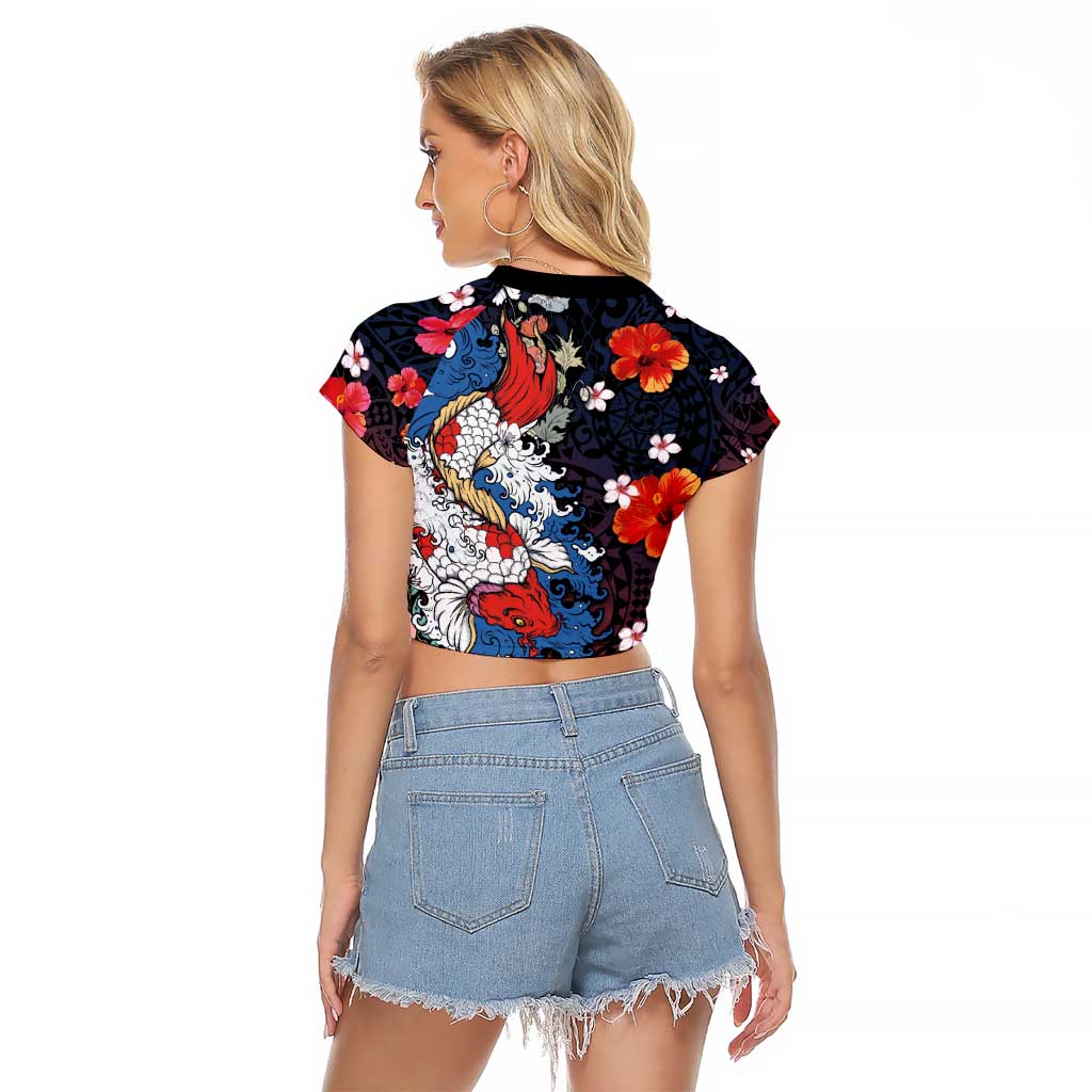 Hawaiian and Japanese Together Raglan Cropped T Shirt Hibiscus and Koi Fish Polynesian Pattern Colorful Style