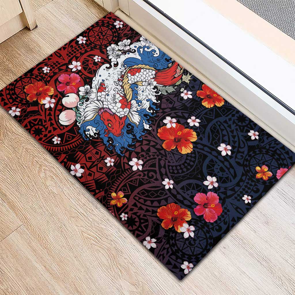 Hawaiian and Japanese Together Rubber Doormat Hibiscus and Koi Fish Polynesian Pattern Colorful Style