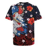Hawaiian and Japanese Together Rugby Jersey Hibiscus and Koi Fish Polynesian Pattern Colorful Style