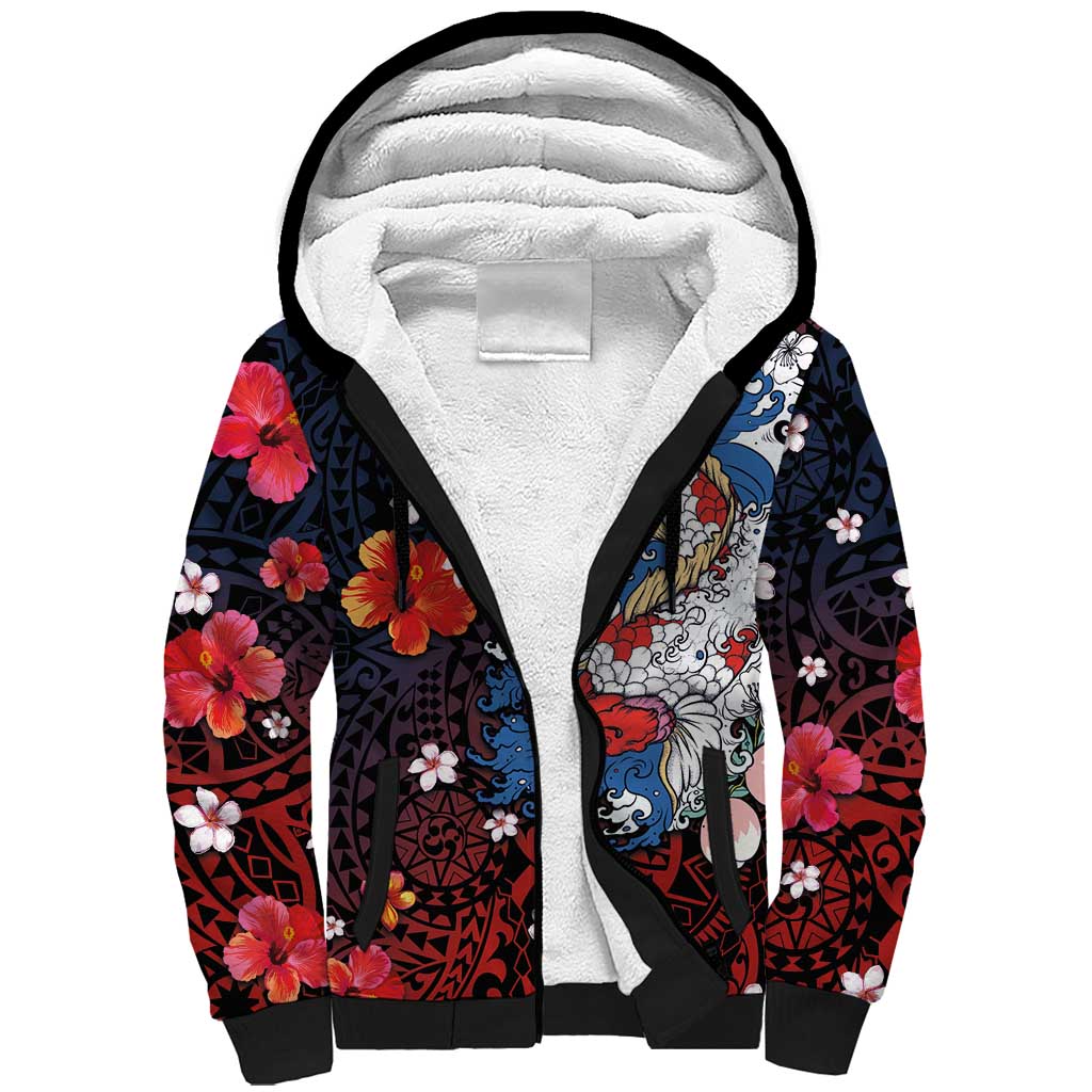 Hawaiian and Japanese Together Sherpa Hoodie Hibiscus and Koi Fish Polynesian Pattern Colorful Style