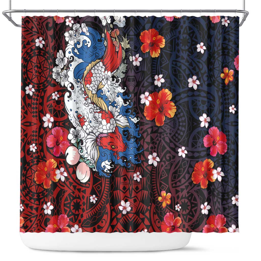 Hawaiian and Japanese Together Shower Curtain Hibiscus and Koi Fish Polynesian Pattern Colorful Style LT03 Red - Polynesian Pride