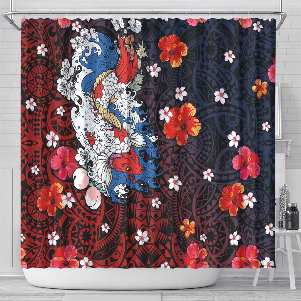 Hawaiian and Japanese Together Shower Curtain Hibiscus and Koi Fish Polynesian Pattern Colorful Style LT03 - Polynesian Pride