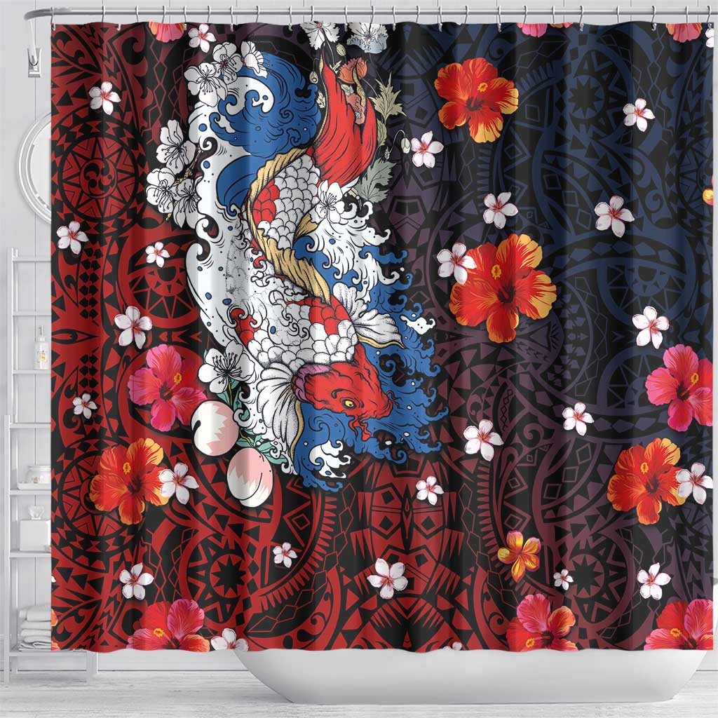 Hawaiian and Japanese Together Shower Curtain Hibiscus and Koi Fish Polynesian Pattern Colorful Style LT03 - Polynesian Pride