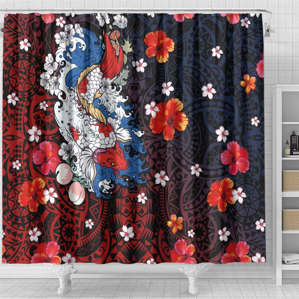 Hawaiian and Japanese Together Shower Curtain Hibiscus and Koi Fish Polynesian Pattern Colorful Style LT03 - Polynesian Pride