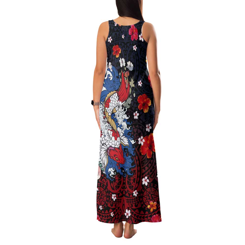 Hawaiian and Japanese Together Tank Maxi Dress Hibiscus and Koi Fish Polynesian Pattern Colorful Style