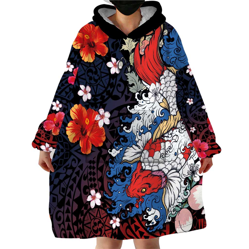 Hawaiian and Japanese Together Wearable Blanket Hoodie Hibiscus and Koi Fish Polynesian Pattern Colorful Style LT03 - Polynesian Pride