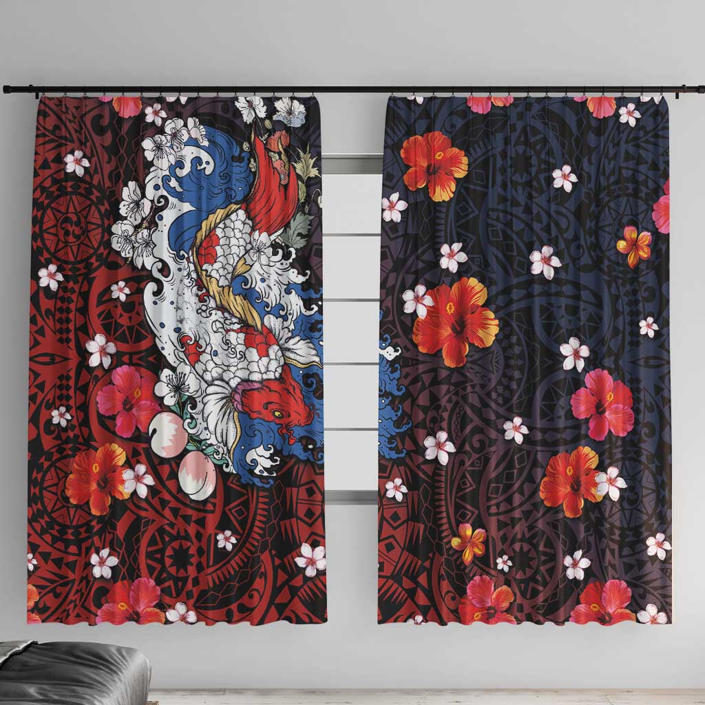 Hawaiian and Japanese Together Window Curtain Hibiscus and Koi Fish Polynesian Pattern Colorful Style