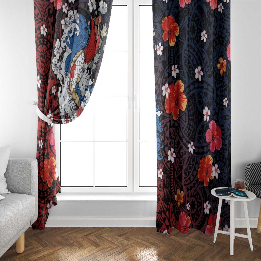 Hawaiian and Japanese Together Window Curtain Hibiscus and Koi Fish Polynesian Pattern Colorful Style