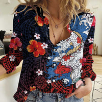 Hawaiian and Japanese Together Women Casual Shirt Hibiscus and Koi Fish Polynesian Pattern Colorful Style