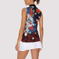 Hawaiian and Japanese Together Women Sleeveless Polo Shirt Hibiscus and Koi Fish Polynesian Pattern Colorful Style