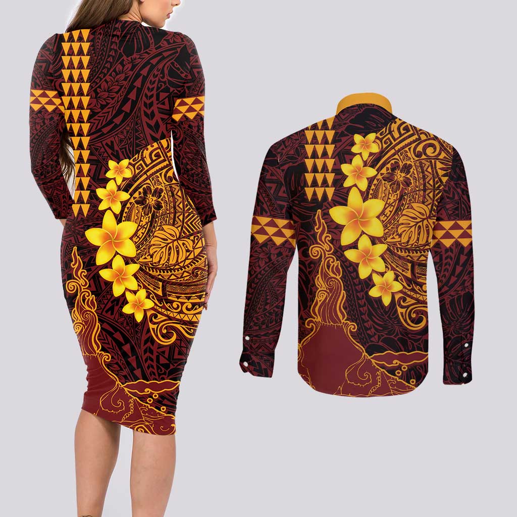 Hawaii Volcano Couples Matching Long Sleeve Bodycon Dress and Long Sleeve Button Shirt Polynesian and Kakau Pattern