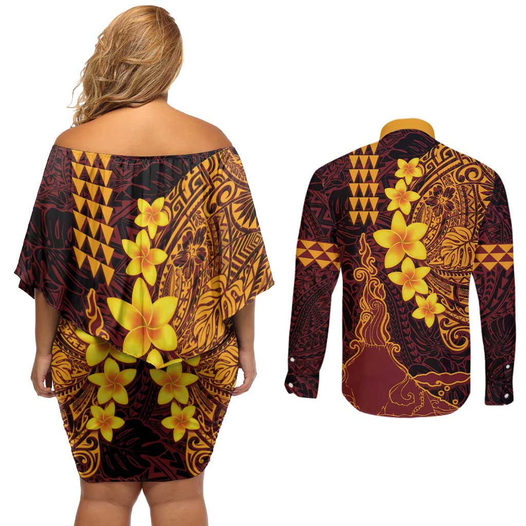 Hawaii Volcano Couples Matching Off Shoulder Short Dress and Long Sleeve Button Shirt Polynesian and Kakau Pattern