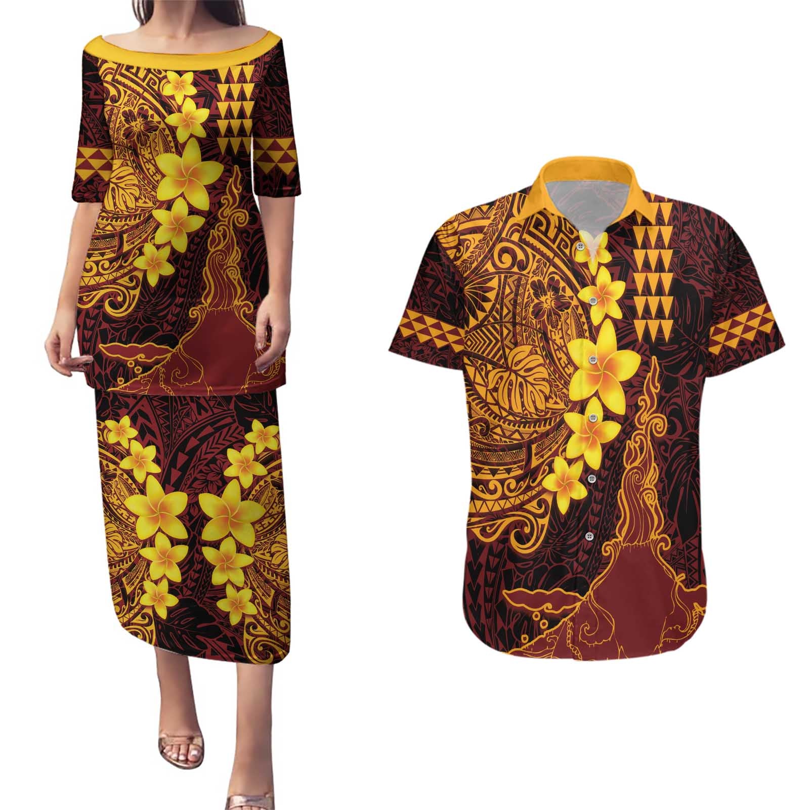 Hawaii Volcano Couples Matching Puletasi and Hawaiian Shirt Polynesian and Kakau Pattern