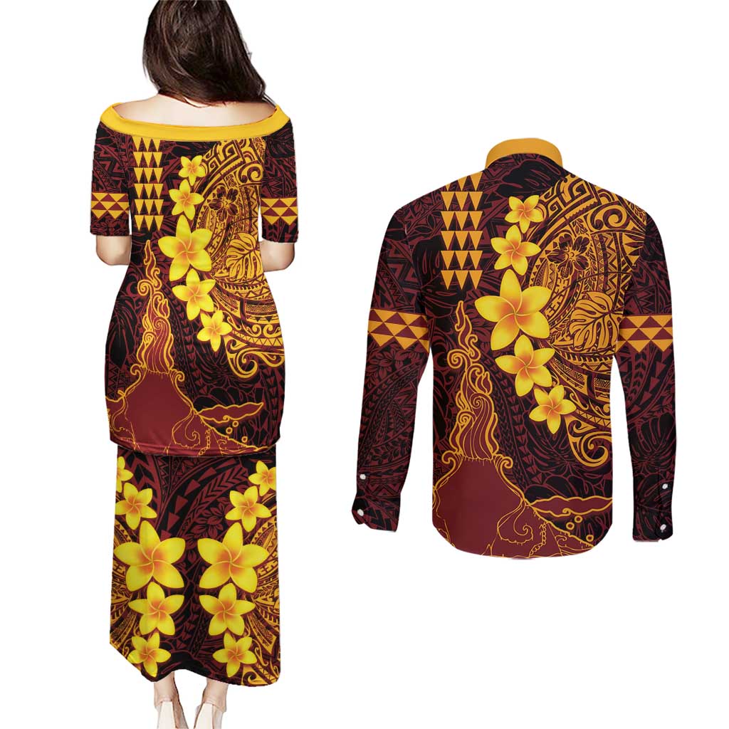 Hawaii Volcano Couples Matching Puletasi and Long Sleeve Button Shirt Polynesian and Kakau Pattern