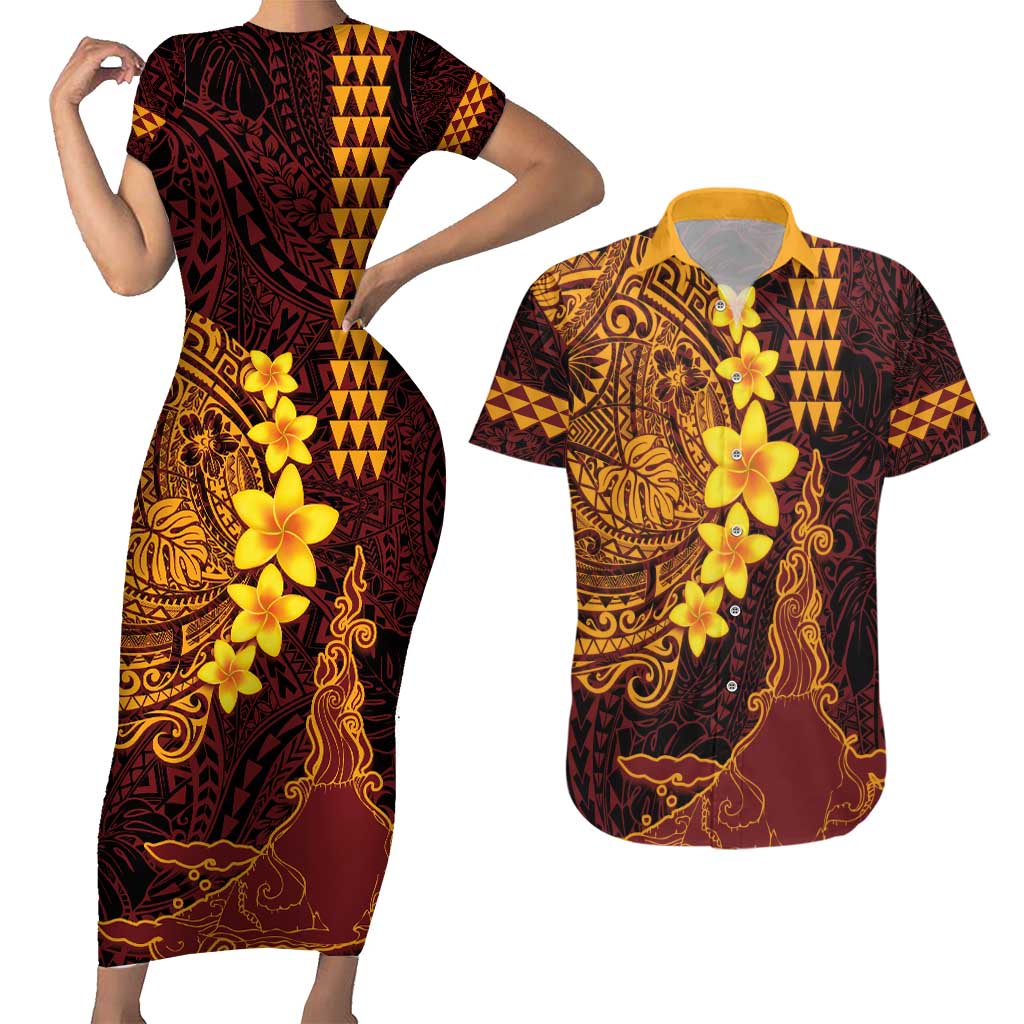 Hawaii Volcano Couples Matching Short Sleeve Bodycon Dress and Hawaiian Shirt Polynesian and Kakau Pattern