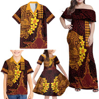 Hawaii Volcano Family Matching Off Shoulder Maxi Dress and Hawaiian Shirt Polynesian and Kakau Pattern