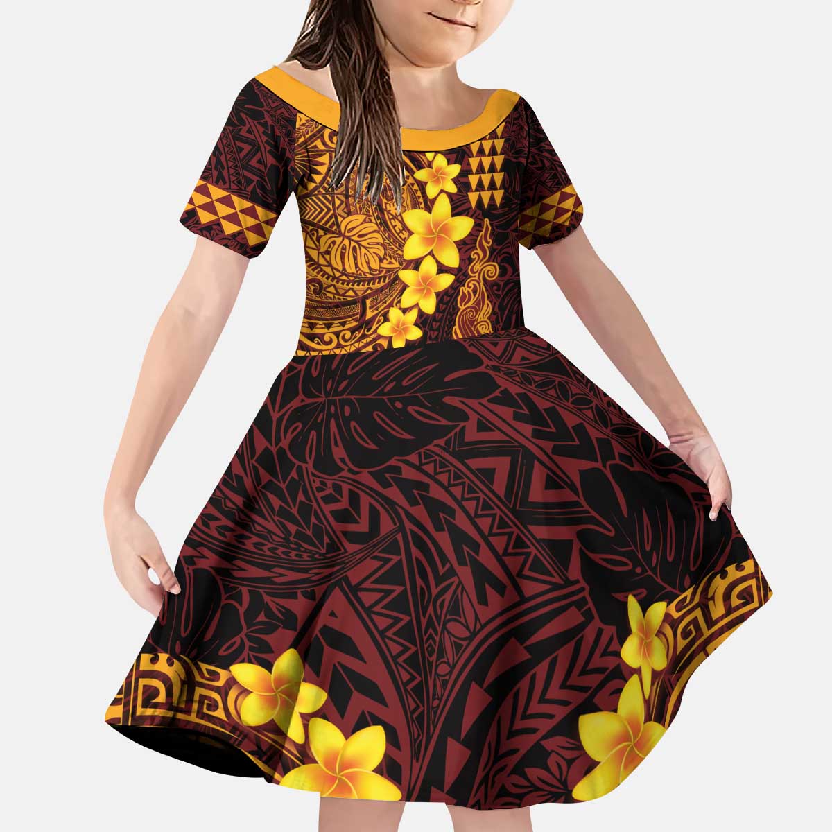 Hawaii Volcano Kid Short Sleeve Dress Polynesian and Kakau Pattern