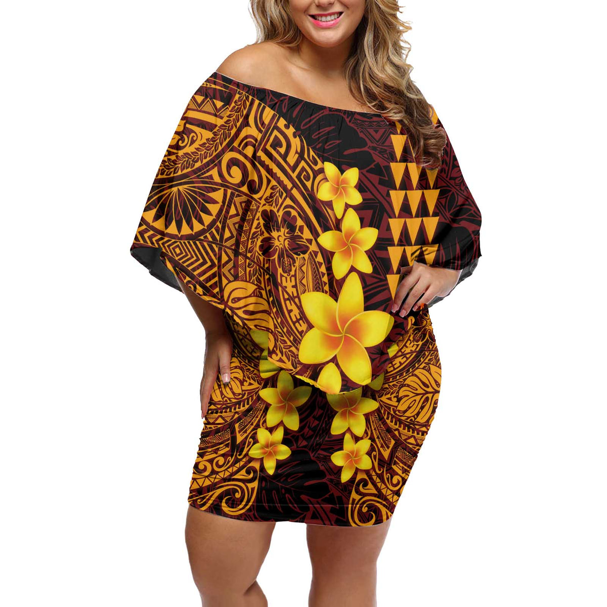 Hawaii Volcano Off Shoulder Short Dress Polynesian and Kakau Pattern