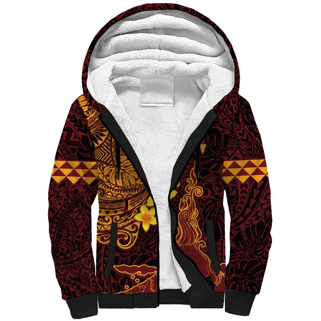 Hawaii Volcano Sherpa Hoodie Polynesian and Kakau Pattern
