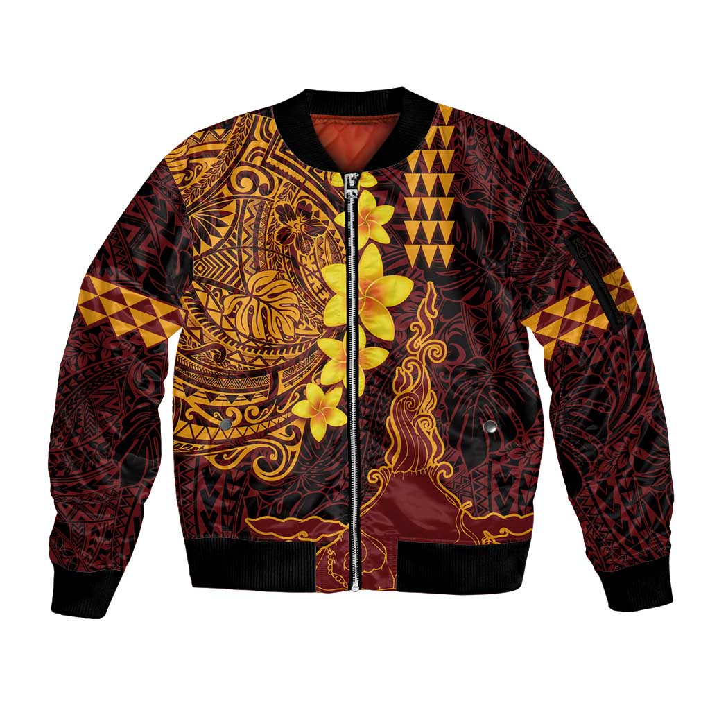 Hawaii Volcano Sleeve Zip Bomber Jacket Polynesian and Kakau Pattern