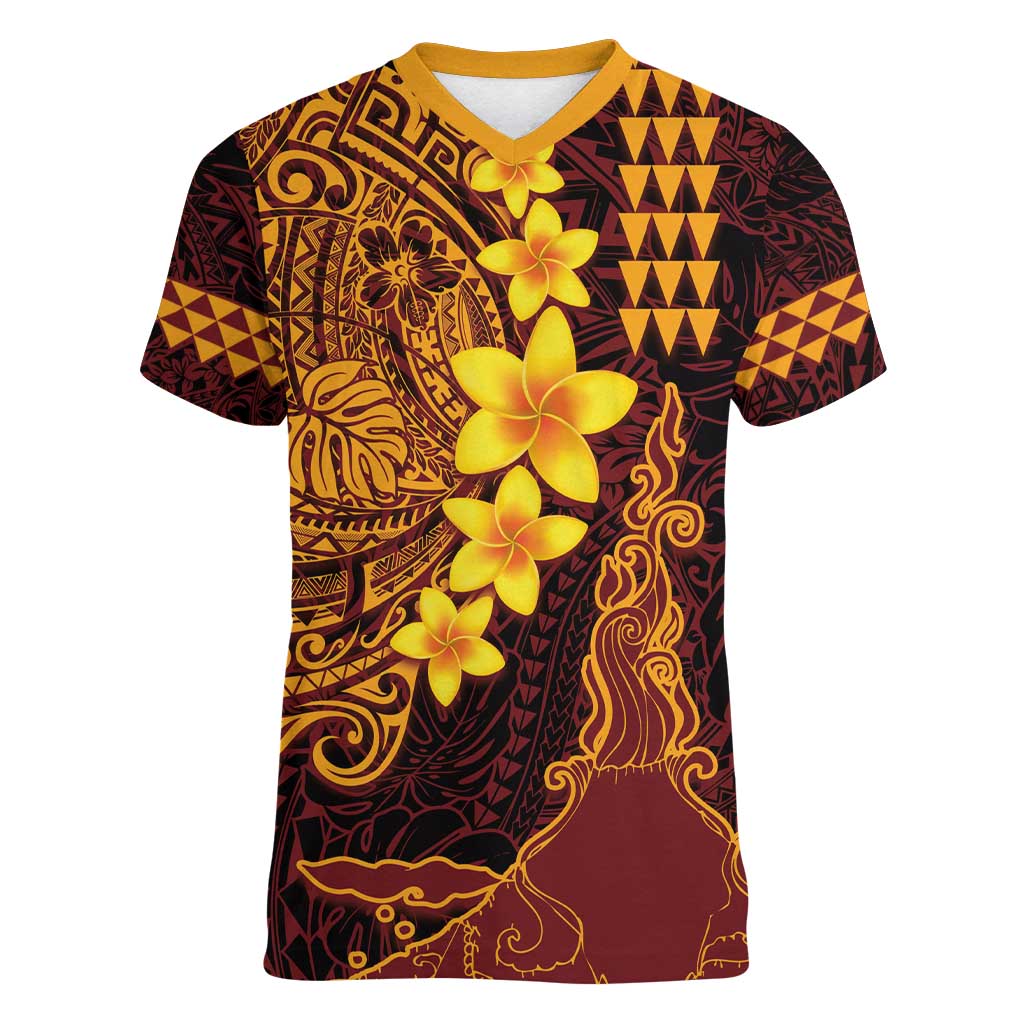 Hawaii Volcano Women V-Neck T-Shirt Polynesian and Kakau Pattern