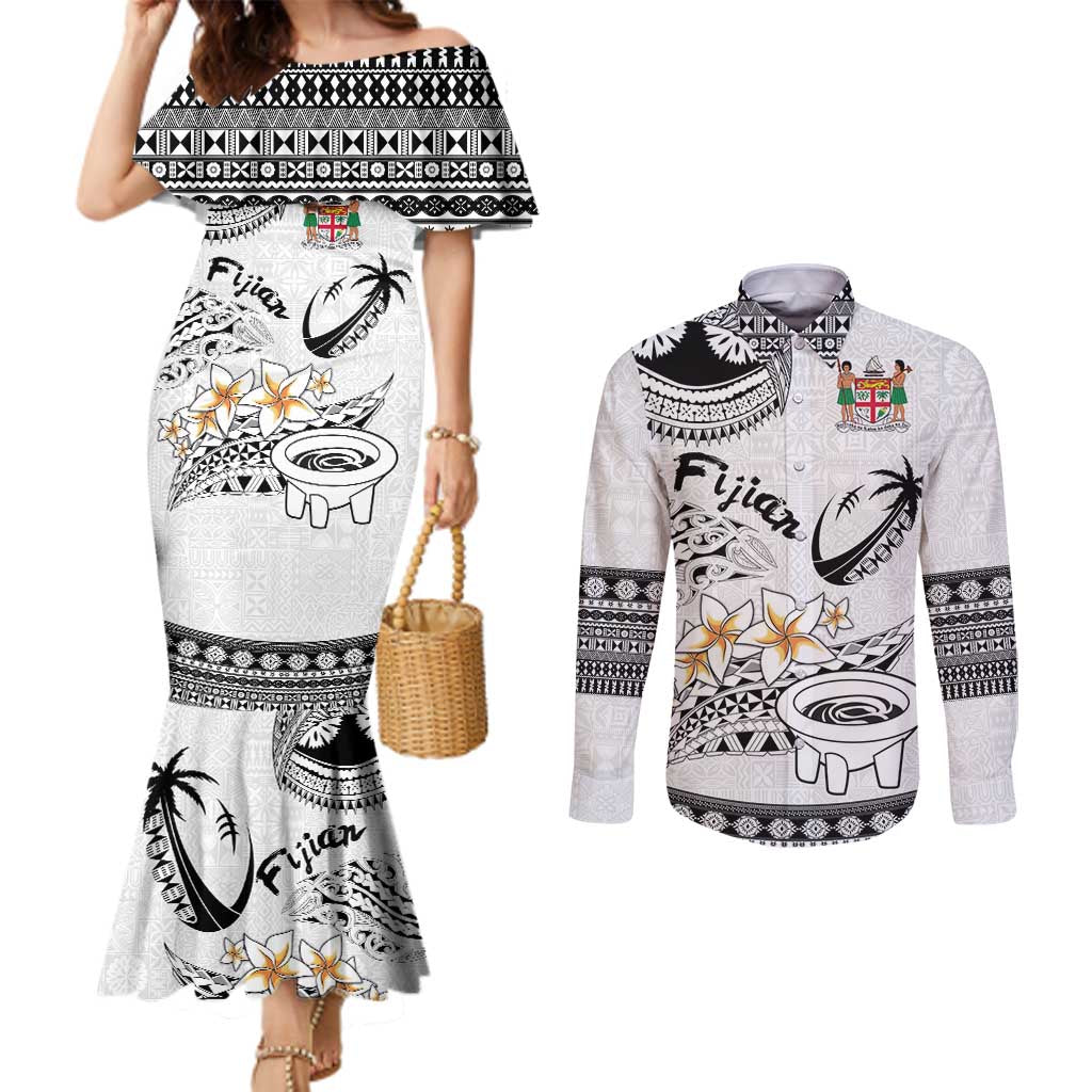 Fijian Traditional Culture Couples Matching Mermaid Dress and Long Sleeve Button Shirt Tapa Tribal Tattoos - Polynesian Pride