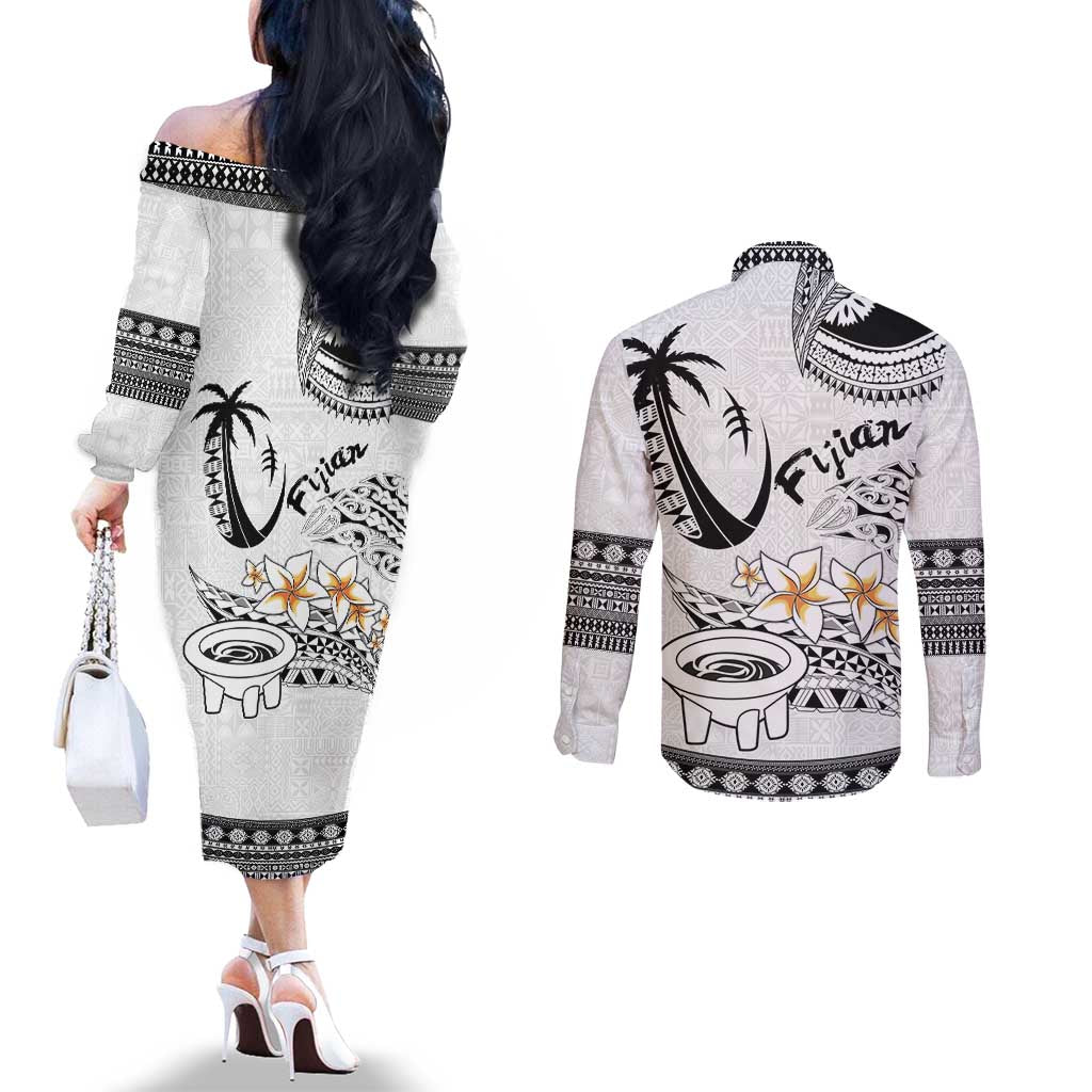 Fijian Traditional Culture Couples Matching Off The Shoulder Long Sleeve Dress and Long Sleeve Button Shirt Tapa Tribal Tattoos - Polynesian Pride