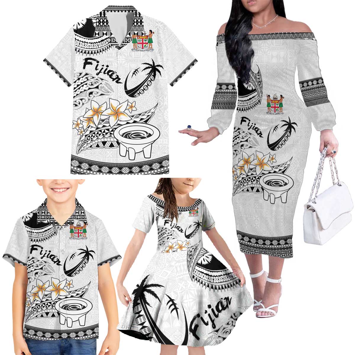 Fijian Traditional Culture Family Matching Off The Shoulder Long Sleeve Dress and Hawaiian Shirt Tapa Tribal Tattoos - Polynesian Pride