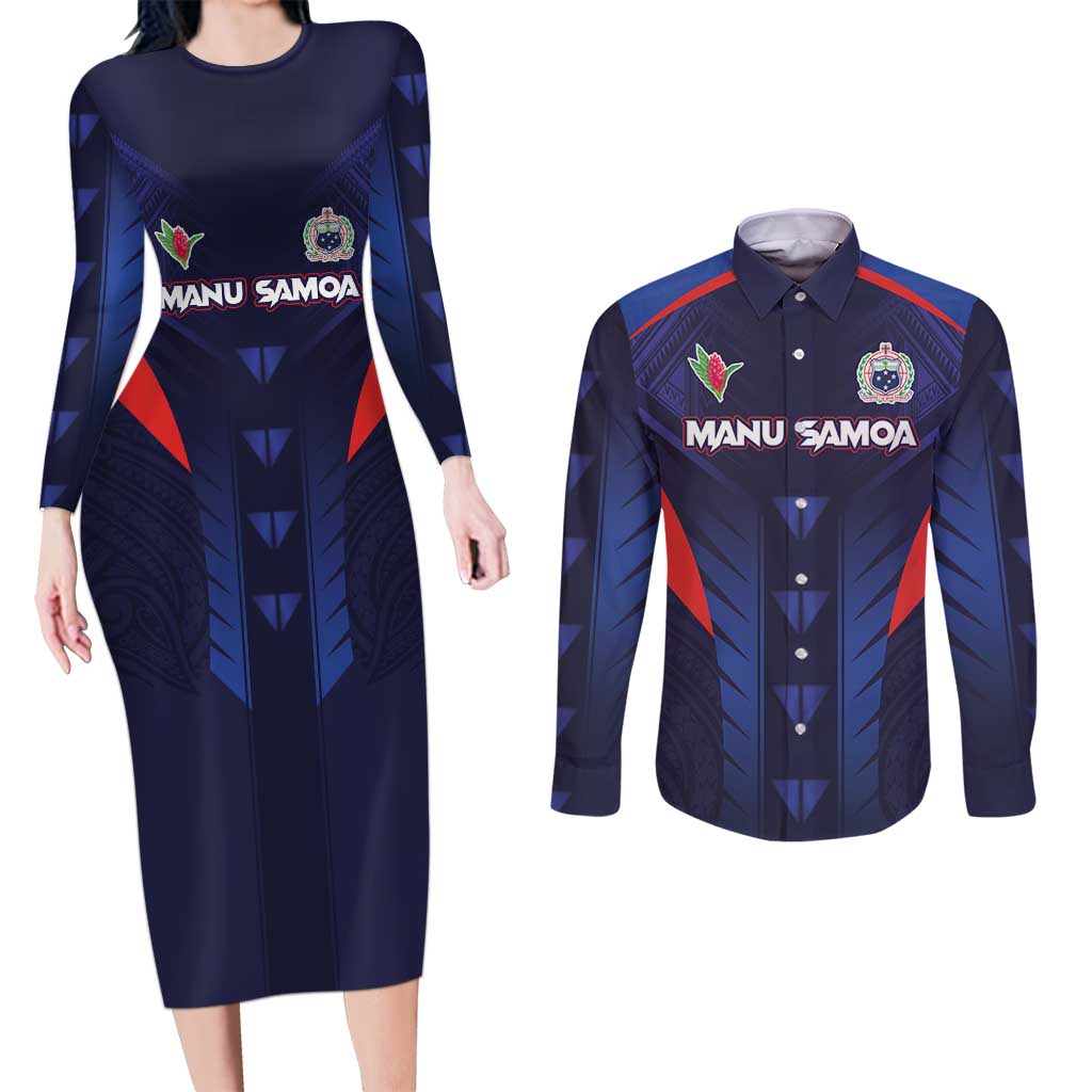 Custom Rugby Samoa Couples Matching Long Sleeve Bodycon Dress and Long Sleeve Button Shirt Siva Tau Spirit Sporty Vibes - Polynesian Pride