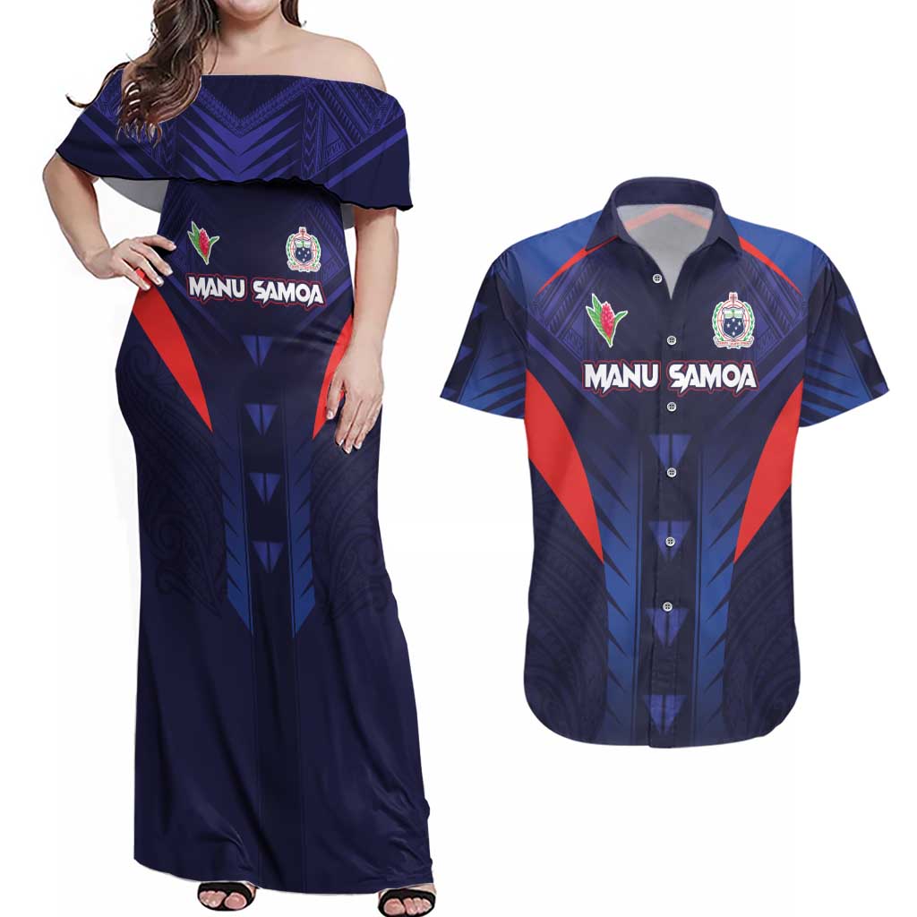 Custom Rugby Samoa Couples Matching Off Shoulder Maxi Dress and Hawaiian Shirt Siva Tau Spirit Sporty Vibes - Polynesian Pride