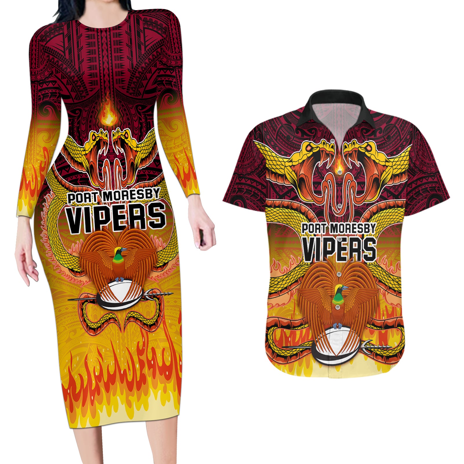 PNG Port Moresby Vipers Rugby Couples Matching Long Sleeve Bodycon Dress and Hawaiian Shirt Fire Vipers Mix PNG Bird Polynesian Tattoo LT03 Yellow - Polynesian Pride