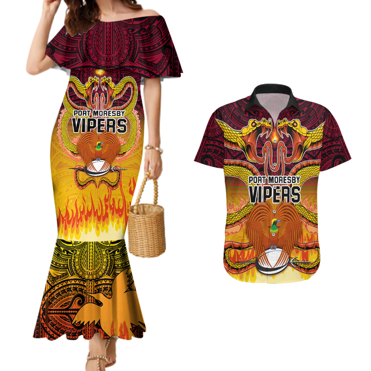 PNG Port Moresby Vipers Rugby Couples Matching Mermaid Dress and Hawaiian Shirt Fire Vipers Mix PNG Bird Polynesian Tattoo LT03 Yellow - Polynesian Pride