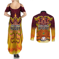 PNG Port Moresby Vipers Rugby Couples Matching Summer Maxi Dress and Long Sleeve Button Shirts Fire Vipers Mix PNG Bird Polynesian Tattoo LT03 - Polynesian Pride