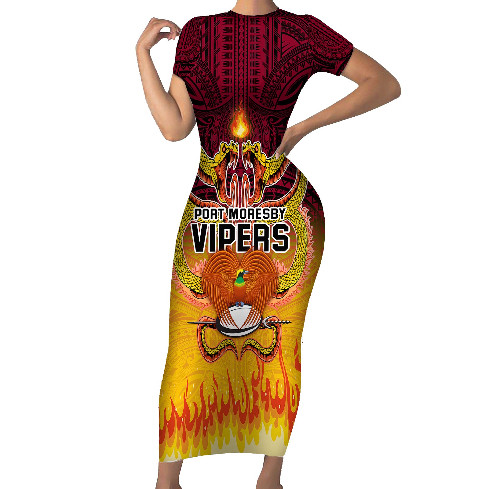 PNG Port Moresby Vipers Rugby Short Sleeve Bodycon Dress Fire Vipers Mix PNG Bird Polynesian Tattoo LT03 Long Dress Yellow - Polynesian Pride